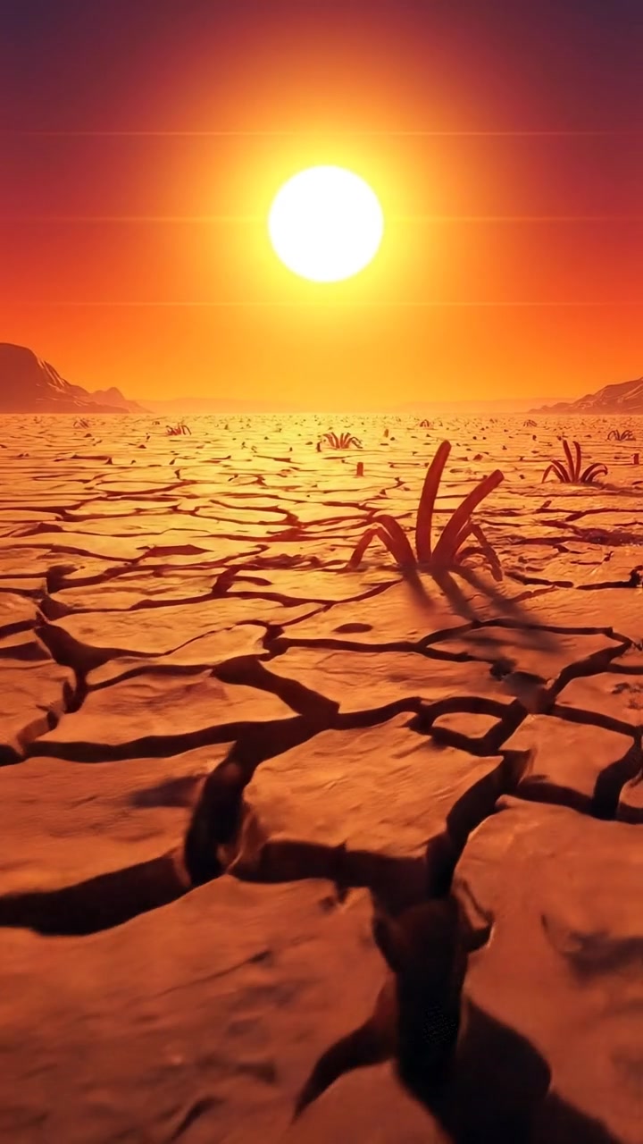 A 3D animated scene of a vast, weather-beaten land with cracked soil under a bright, scorching sun. The terrain shows signs of severe drought with sparse, withered vegetation. Natural lighting emphasizes texture and dryness, with smooth camera movement across the desolate landscape. The background features a clear blue sky. The audio features gentle wind sounds.