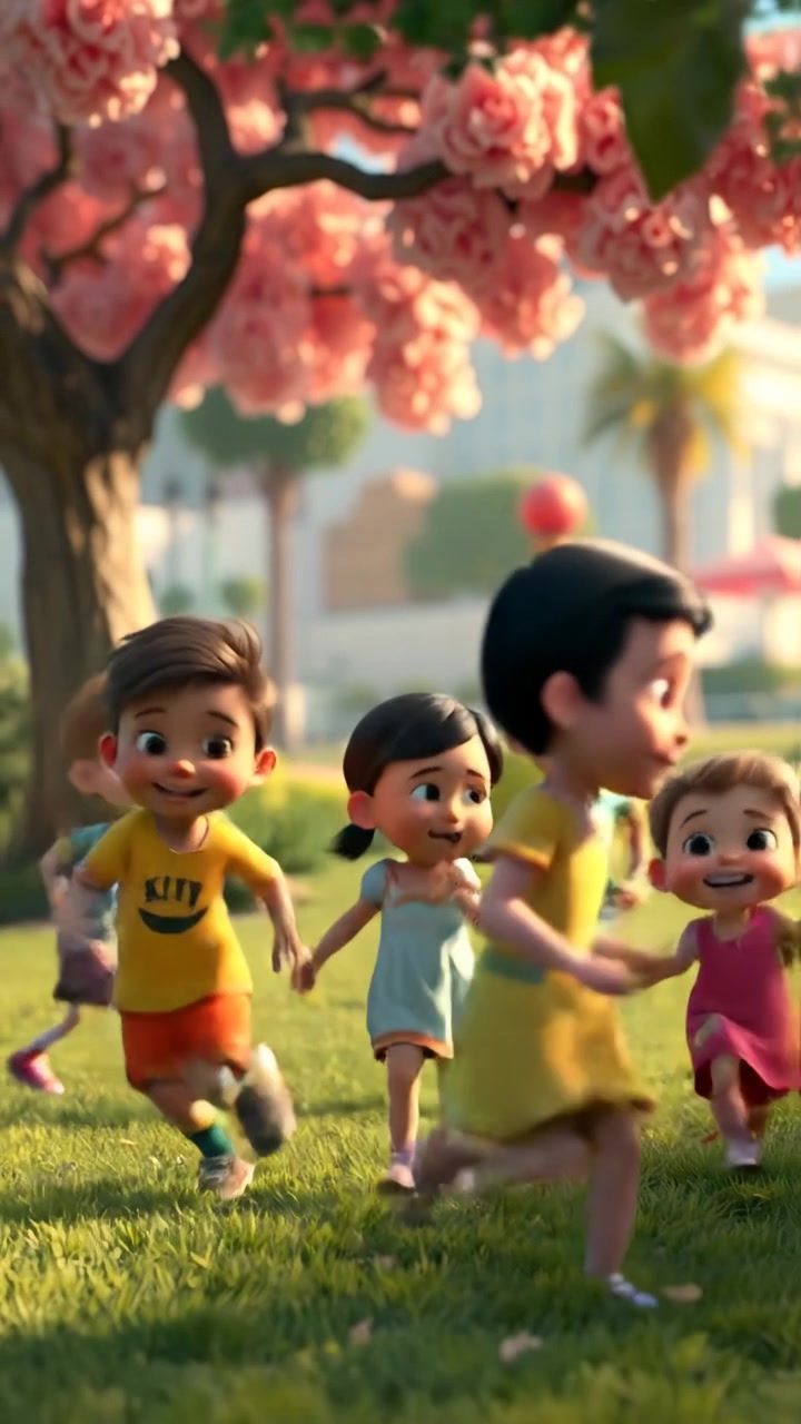 A group of children playing joyfully in a lush, vibrant park, captured in a lively 3D animation style. The scene features natural sunlight, smooth camera movement, and soft shadows, emphasizing their cheerful expressions and playful actions against a background of green trees and blooming flowers. The audio features cheerful children’s laughter.