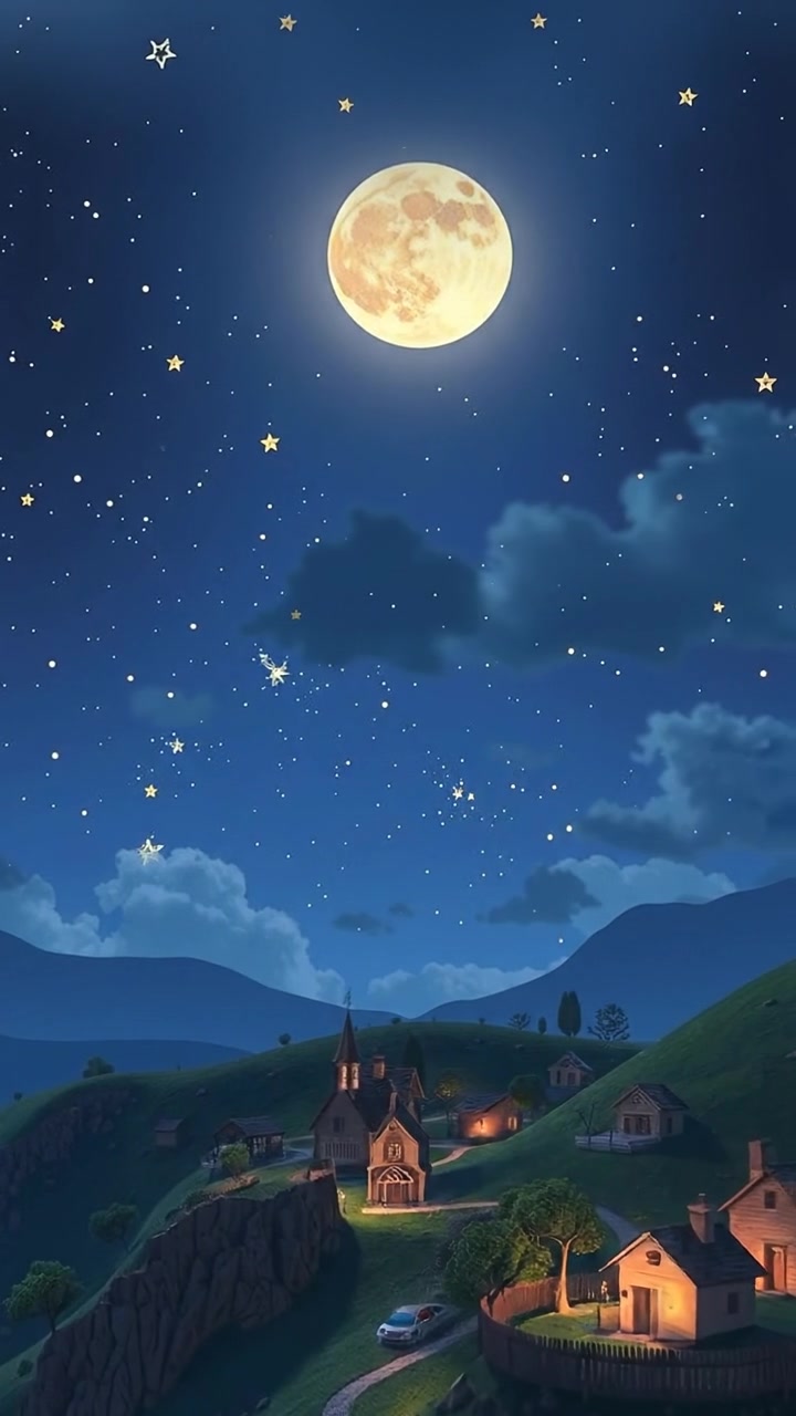 A serene night sky filled with twinkling stars over a small sleeping village, softly illuminated by moonlight. The scene features high-detail 3D animation with smooth camera movement capturing the tranquil landscape under a gentle, overcast sky. The background audio features gentle nocturnal sounds.