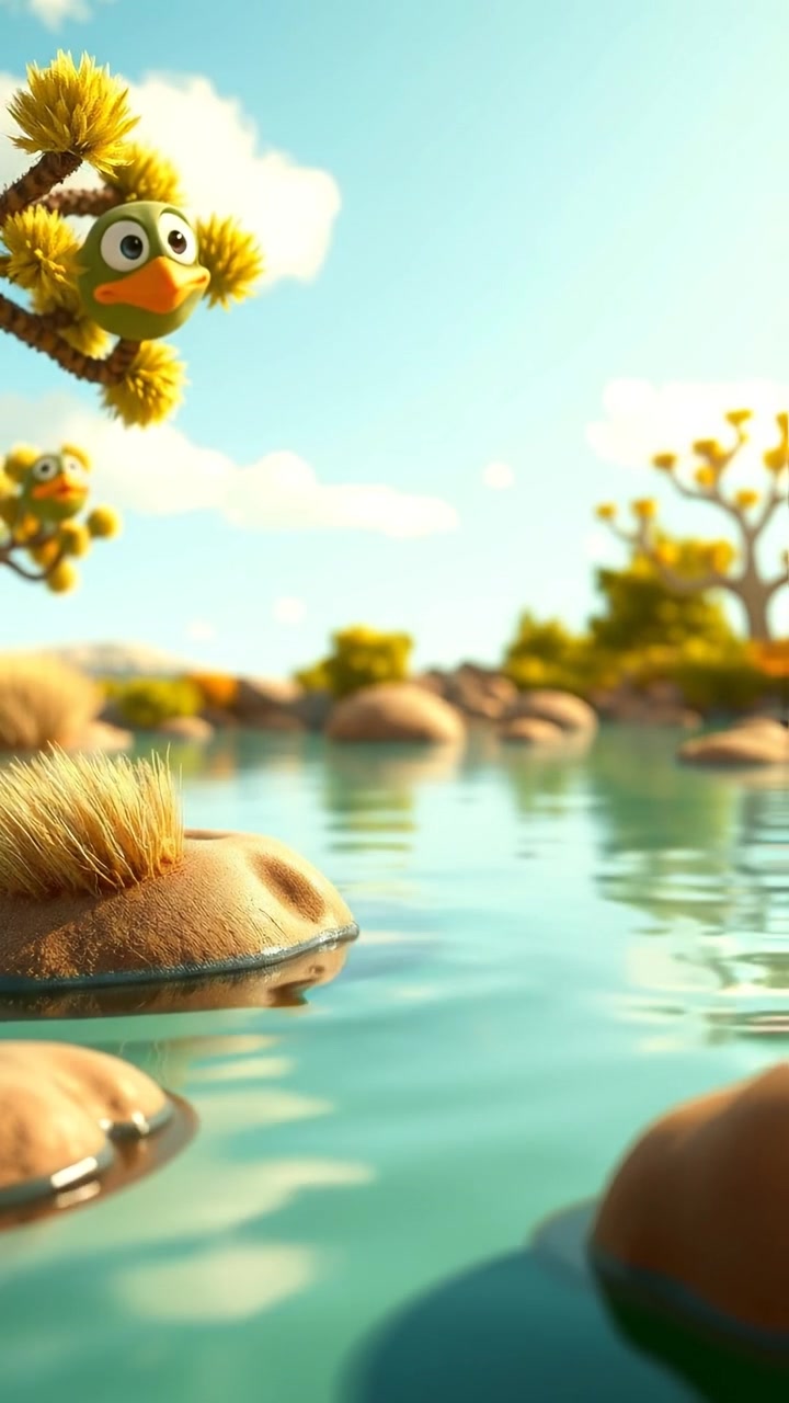 A serene 3D animation of a sunny pond with calm waters reflecting a clear blue sky, lush green surroundings, and gentle ripples. The scene features natural lighting, smooth camera movement, and a tranquil ambiance. The background sounds include gentle water lapping and birdsong.