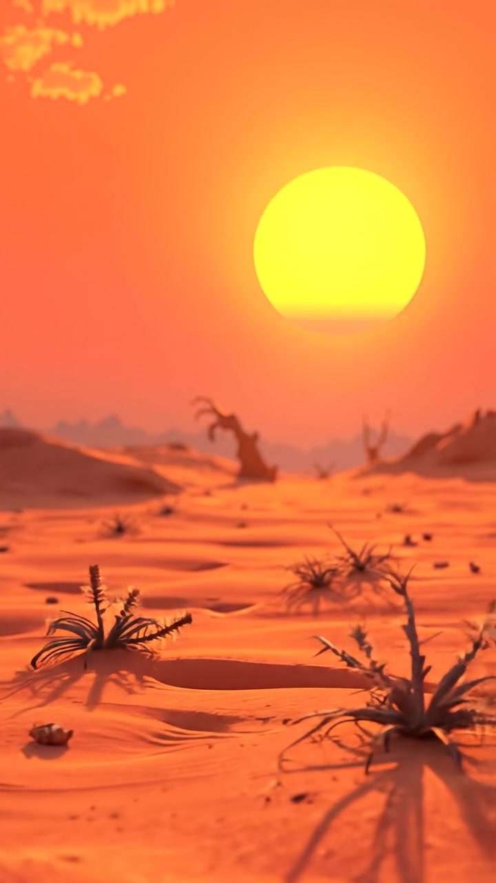 A 3D animated scene of a scorching summer day, featuring bright, natural sunlight illuminating a barren ground dotted with a few dry, withered plants. The camera smoothly pans over the desolate landscape with warm tones and soft shadows, accompanied by the sound of distant heatwaves and cracking earth.