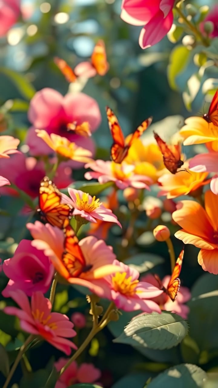 A vibrant 3D animated scene of a blossoming flower garden in spring, with butterflies fluttering around colorful blooms under soft natural daylight. The camera smoothly pans across the lush landscape, highlighting intricate petal details and vivid greenery. The audio features gentle garden sounds with birdsong.