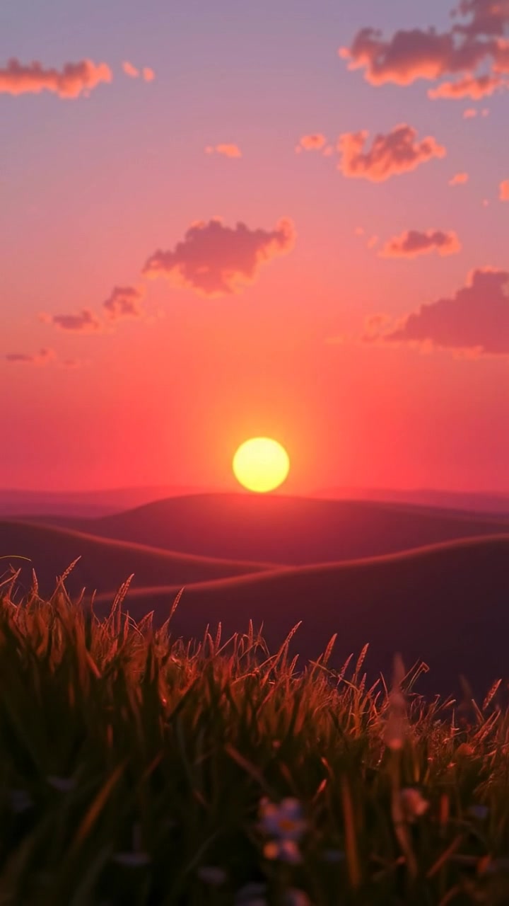 A 3D animated scene of a glowing horizon at sunset, with warm light spilling over distant rolling hills, captured in smooth camera motion with high detail and natural lighting. The background features a tranquil landscape under an overcast sky, and the audio features gentle wind sounds.