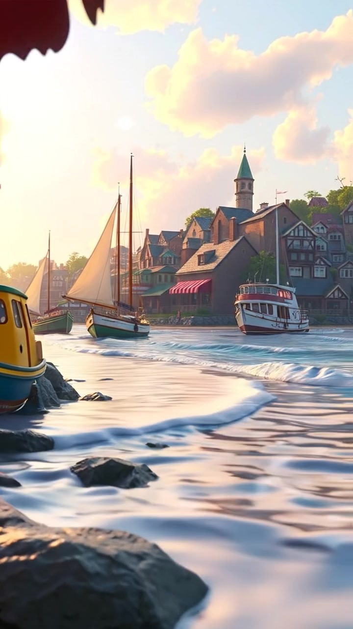 A tranquil seaside village depicted in vibrant 3D animation style, with gentle waves softly lapping at the sandy shore under a bright, clear sky, illuminated by warm natural lighting, and smooth camera movement capturing the peaceful ambiance. The audio features calming ocean waves in the background.