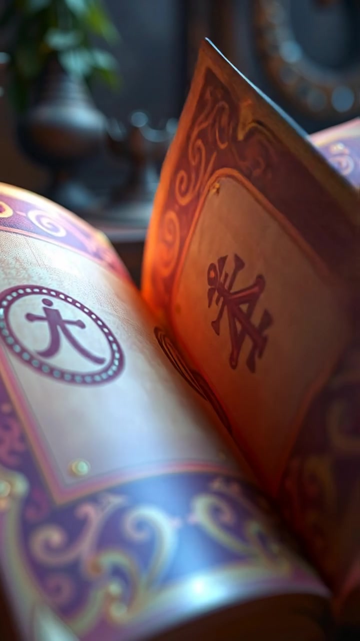 Close-up of ancient book's pages in 3D animation style, highlighting intricate designs and mysterious symbols, illuminated by soft, warm lighting with high detail and smooth camera focus. The scene evokes a sense of mystery and history, with a gentle camera zoom. The audio features whispering wind shadows in the background.