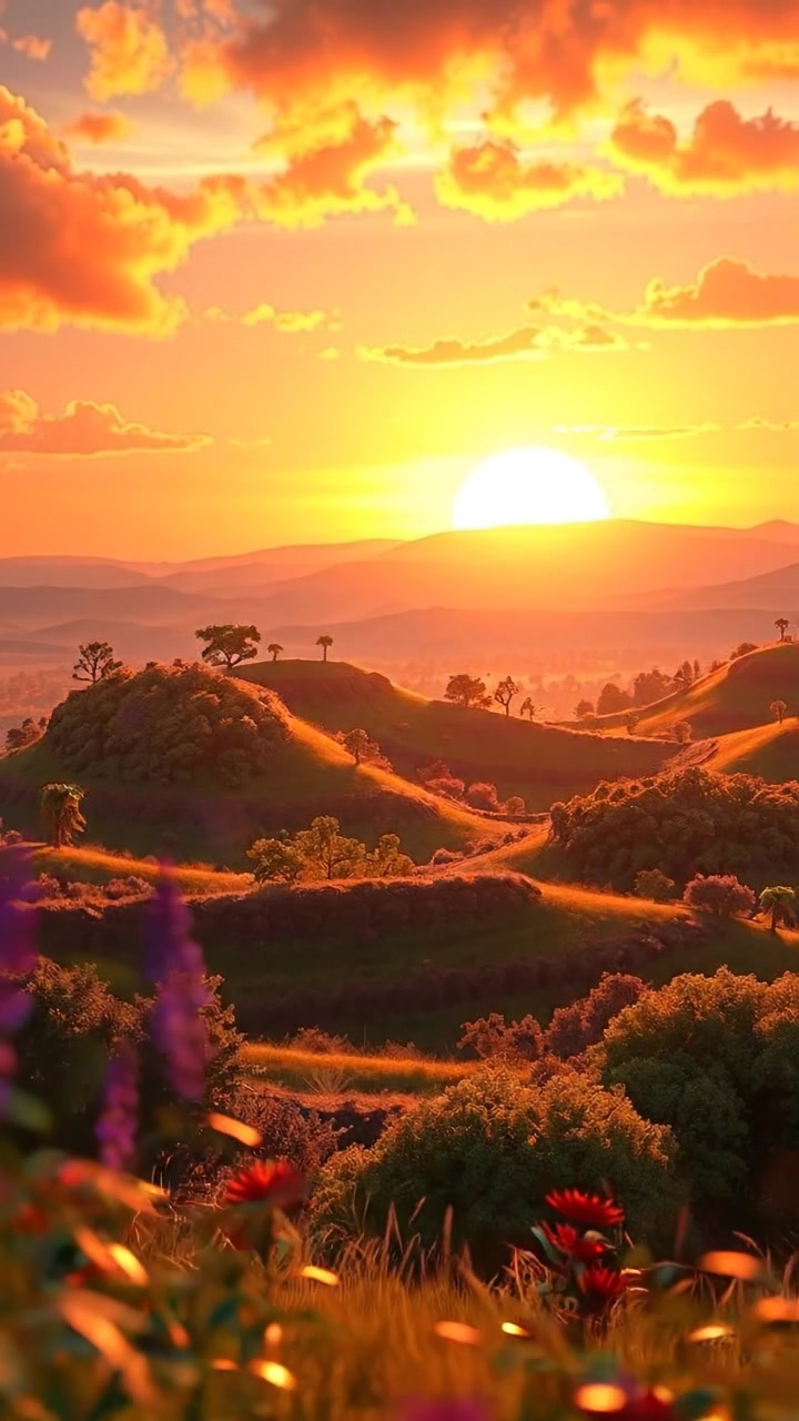 A 3D animated sunrise over a lush, expansive landscape with rolling hills and wild, untamed nature, bathed in warm, golden light, with smooth camera movement capturing the horizon. The scene evokes a peaceful, early morning atmosphere with soft shadows. The audio features gentle morning bird songs and nature sounds.