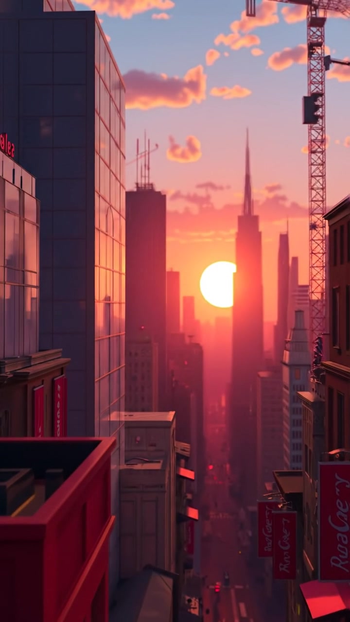 A vibrant 3D animated city skyline at dawn with the sun rising behind towering skyscrapers, bathed in warm golden light, detailed reflective glass facades, smooth camera orbiting movement showcasing the expansive cityscape, soft shadows enhancing depth, with gentle ambient sounds of morning city activity.
