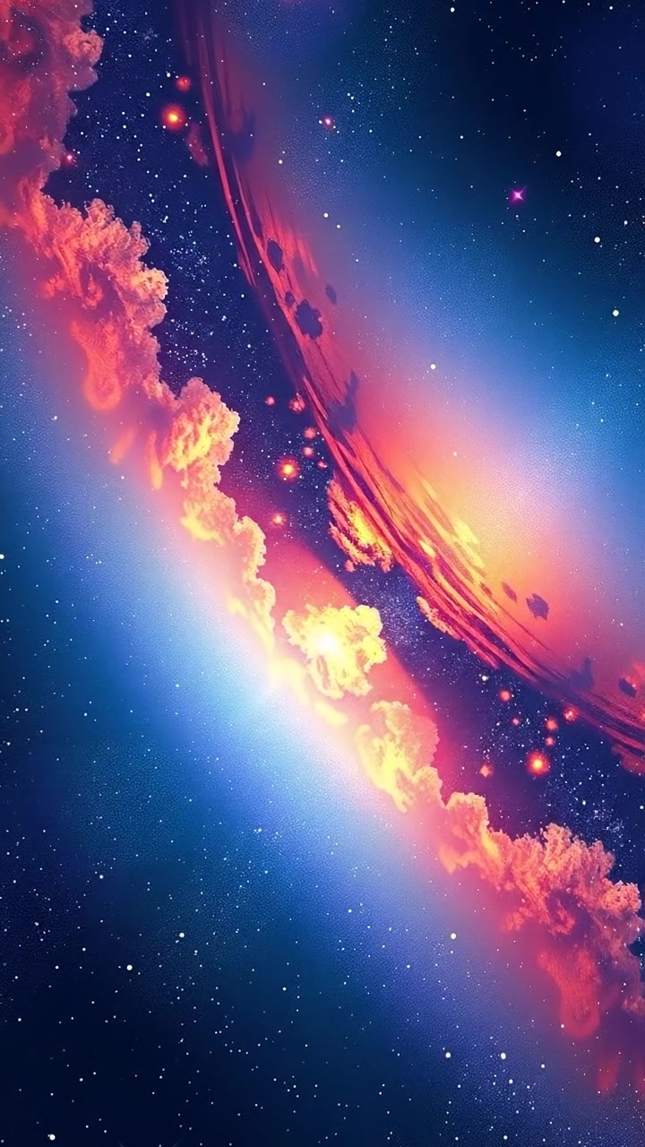 A wide view of a starry cosmos bustling with colorful nebulae and twinkling stars, captured in vibrant 3D animation style. The scene features smooth camera movement through space under soft, atmospheric lighting, creating a sense of vastness and wonder. The background audio features ambient cosmic sounds and gentle hums.