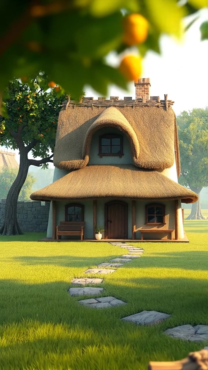 A 3D animated scene of an old village house with a thatched roof, nestled amidst lush green fields and tall trees, with branches gently swaying in the breeze under soft, natural lighting. Smooth camera movement captures the tranquil environment. The background audio features a calm breeze and rustling leaves.