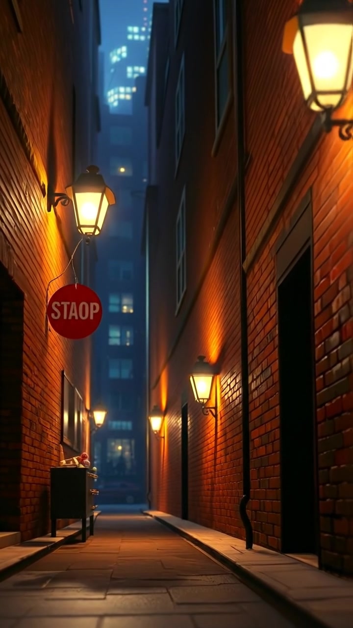 A 3D animation of a dark city alley illuminated by dim streetlights, casting deep shadows on textured brick walls. The scene features smooth camera movement capturing the eerie atmosphere with natural lighting and high detail. The background audio features distant city noises and subtle urban ambiance.