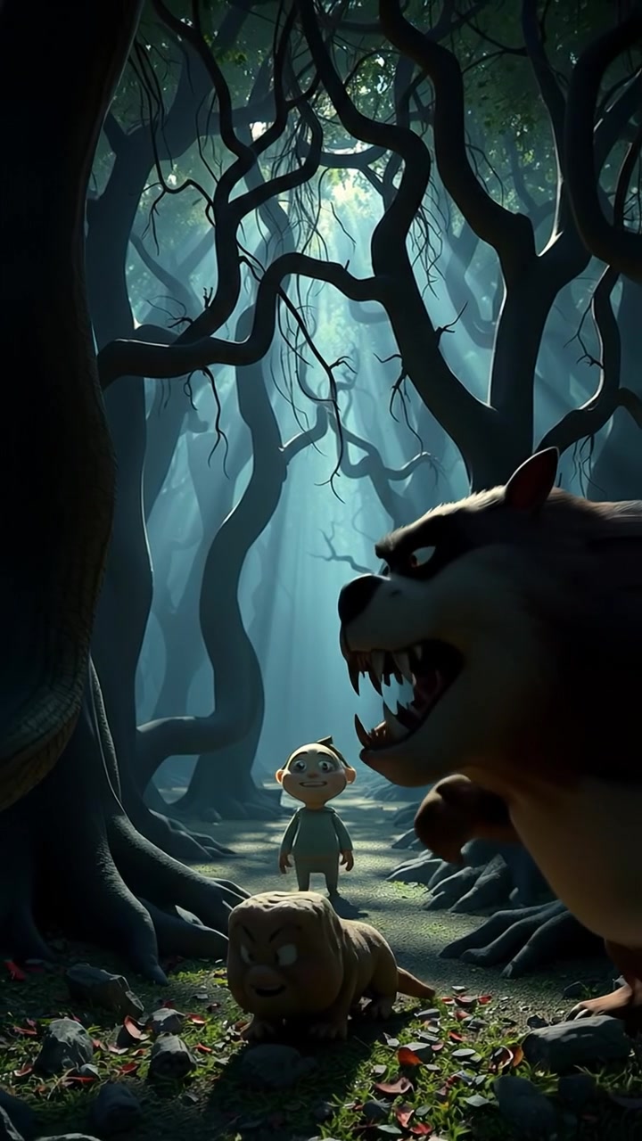 A dark, eerie forest scene in 3D animation style, featuring twisted trees and deep shadows lurking on the ground, illuminated by faint, ghostly moonlight, captured with smooth camera movement and a mysterious atmosphere. The audio features faint wind and rustling leaves.