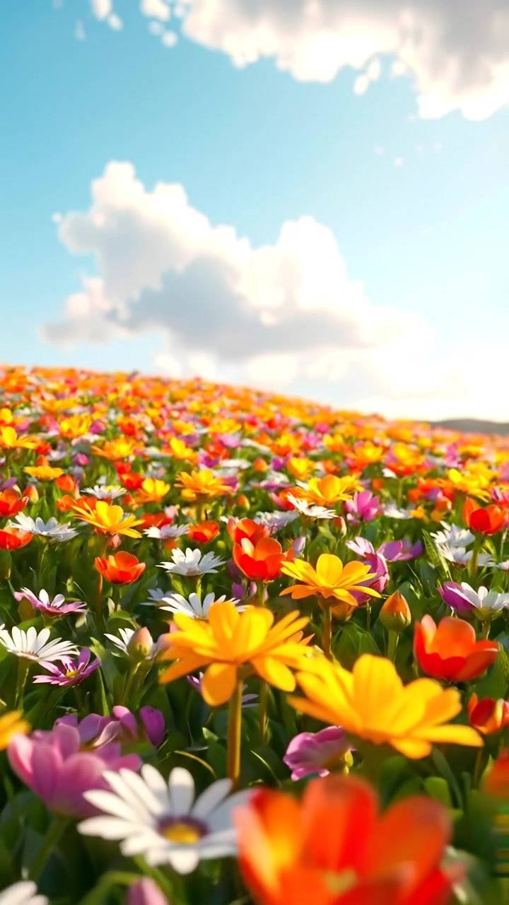 A vibrant 3D animated scene of a vast flower field under a bright blue sky, with lush, colorful blossoms swaying gently in a soft breeze. Natural lighting enhances vivid hues, and smooth camera movement captures the expansive landscape. The background features cheerful, melodic ambient sounds of nature.