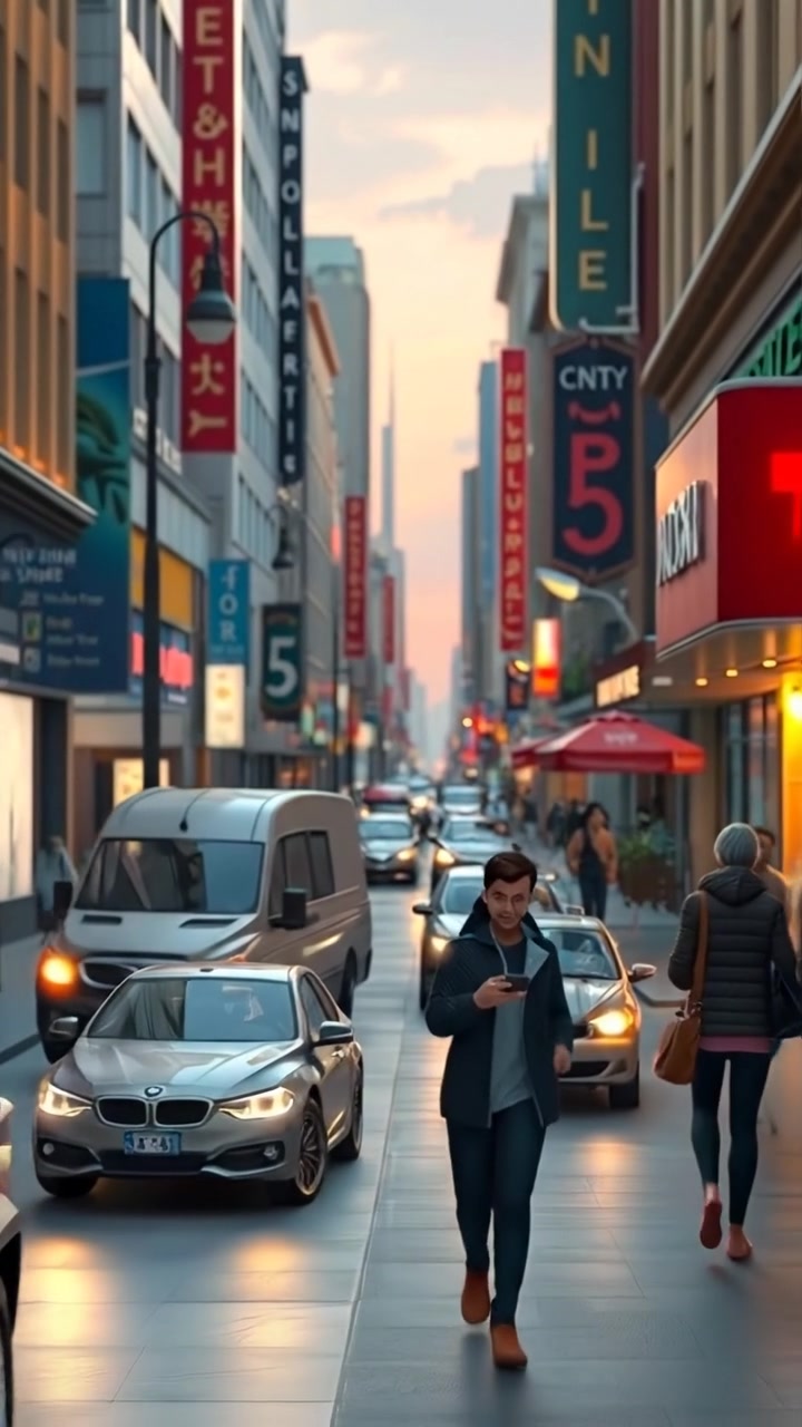 A bustling busy street scene in vibrant 3D animation style, people walking, absorbed in their phones, with cars and traffic flowing smoothly, captured with a dynamic camera dolly shot under natural lighting, emphasizing high detail and smooth movement. The background audio features city street sounds and distant traffic.