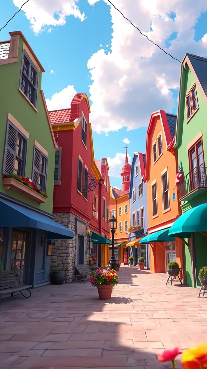 A vibrant 3D animated town square with bright, cheerful buildings and blooming flowers, bathed in warm natural sunlight, with smooth camera panning across colorful facades and lively blossoms. The scene exudes a joyful, inviting atmosphere with soft shadows and dynamic movement. The audio features bustling town sounds and cheerful melodies.