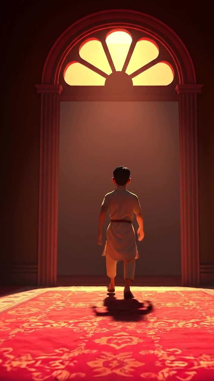 A 3D animated scene of Raju stepping into a dimly lit mansion, with shadows dancing from flickering interior lights, captured in a smooth camera motion emphasizing the eerie atmosphere, with warm tones and soft shadows. The background features a spooky, shadowy corridor. The audio features creaking wooden floors and whispering wind.