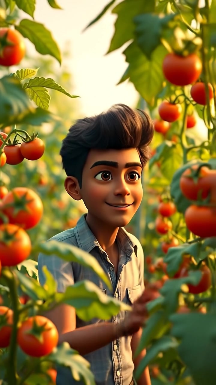 A vibrant 3D animated scene of lush tomato plants growing vigorously in a sunny field, with Arjun observing from a distance. The scene features natural warm lighting, high detail, and smooth camera movements capturing the thriving plants. The background sounds include gentle rustling of leaves and bird calls.