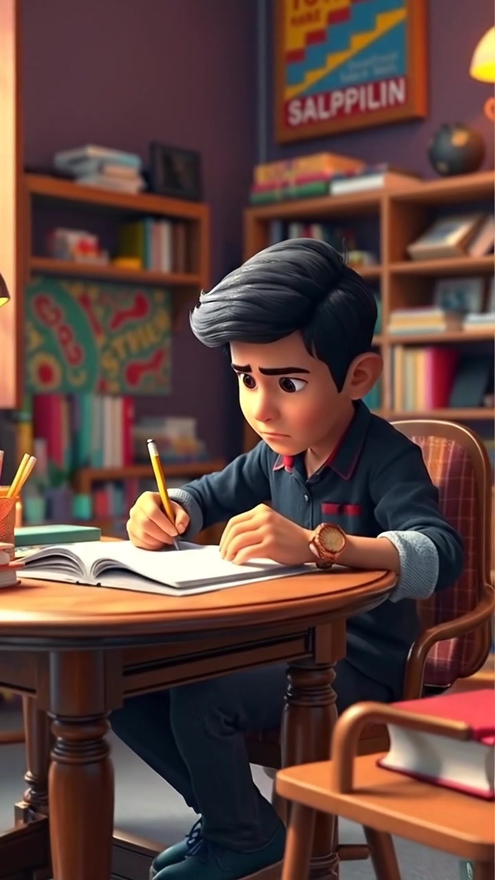 A 3D animation of Ramesh studying intensely at a wooden desk cluttered with books and stationery in a cozy room, illuminated by warm natural light, high detail, smooth camera movement capturing focus and environment. The background features a softly lit bookshelf and a window with gentle sunlight filtering in. The audio features soft ambient room sounds.