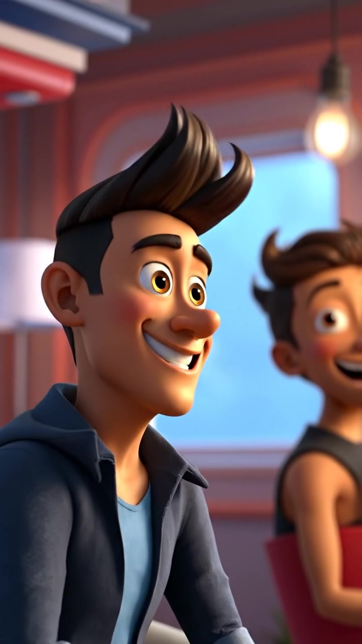 A 3D animated depiction of Arjun smiling and nodding enthusiastically, capturing his excited demeanor with vibrant colors and detailed facial expressions. The scene is lit with soft, natural lighting, with smooth camera movement emphasizing his enthusiastic gestures. The background features a lively, inspiring environment. The audio features uplifting ambient music.