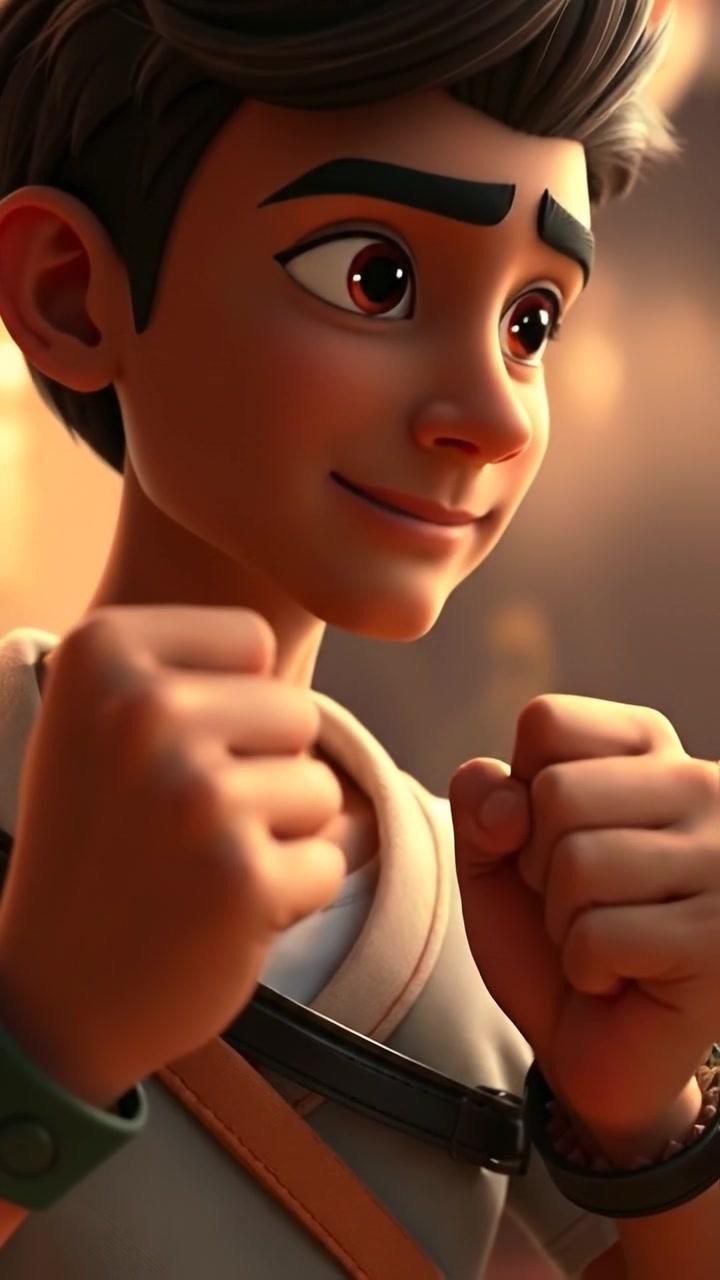 Close-up of Arjun's hands clenched in determination, rendered in vibrant 3D animation style, with detailed textures and soft lighting emphasizing tension. Smooth camera zoom-in captures the intensity, set against a subtle blurred background. The scene has a cinematic feel with warm tones. The audio features a tense, ambient soundtrack.