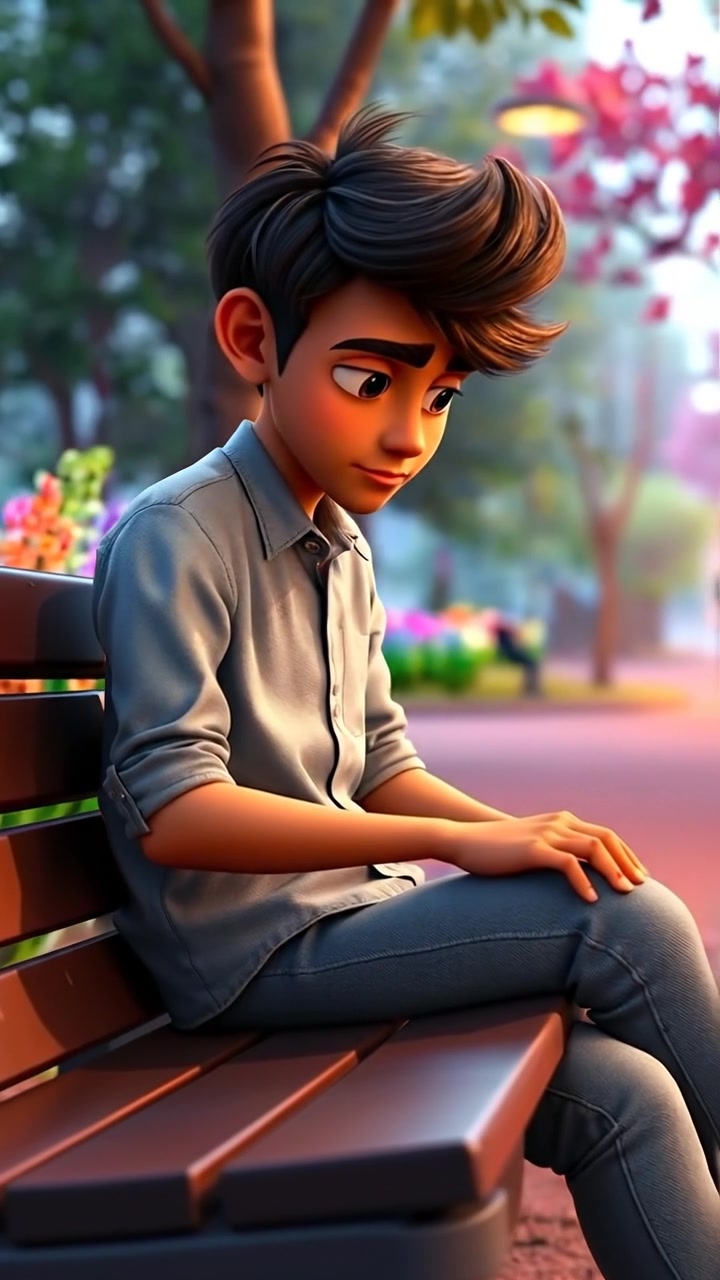 A young man named Arjun sitting on a park bench in a 3D animated style, gazing thoughtfully at the ground amidst lush greenery and softly blooming flowers, illuminated by warm natural sunlight with subtle shadows. The scene features smooth camera movements emphasizing a serene, contemplative mood. The audio features gentle outdoor ambient sounds.