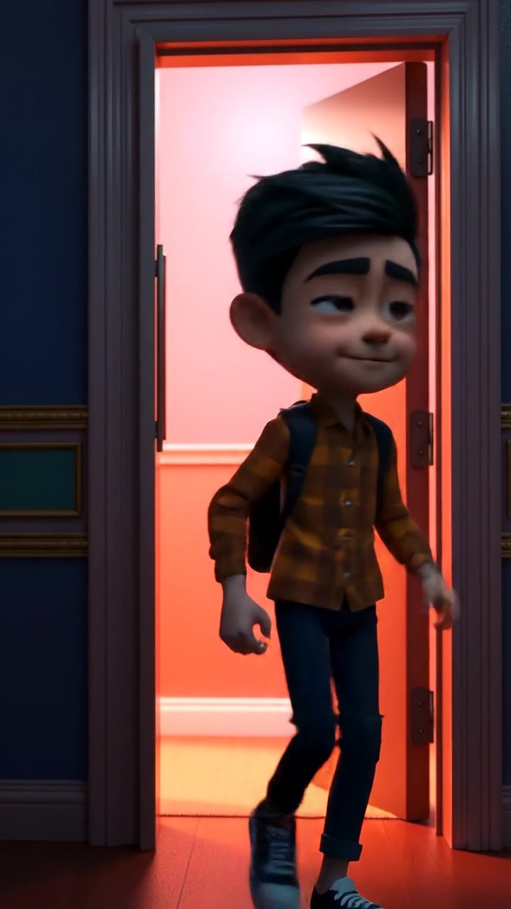 A 3D animation of Arjun stepping inside a room as the door shuts behind him, with detailed textures and soft ambient lighting. The scene features smooth camera motion capturing his movement, set against a modern interior background. The audio features subtle ambient sounds of a closing door.
