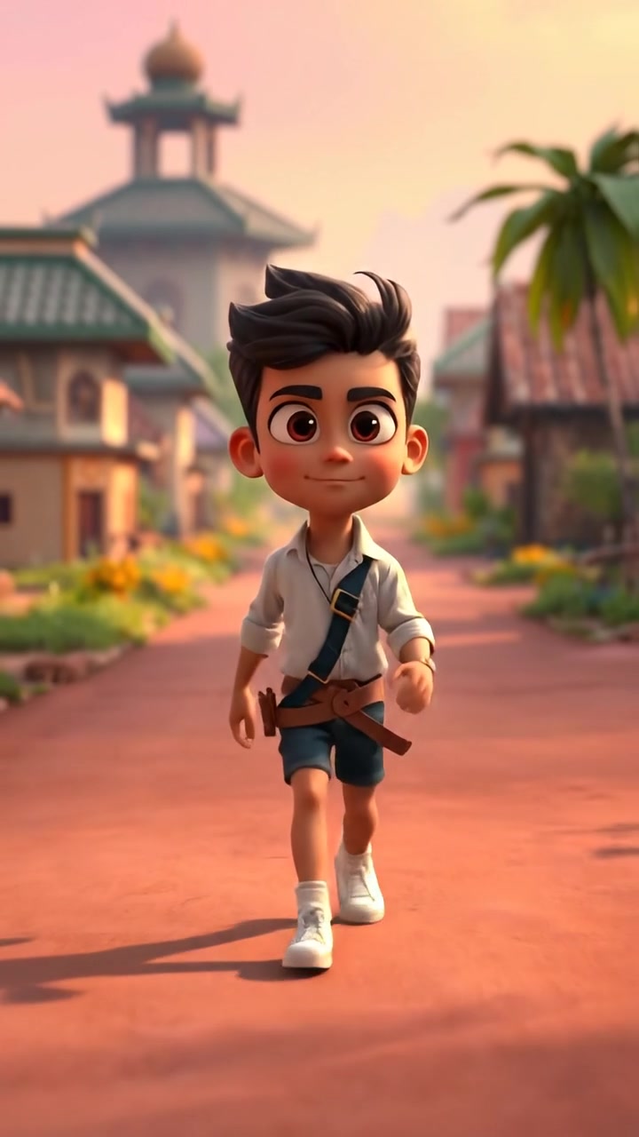 A 3D animation of Arjun walking confidently along a wide path, with a village fading into the distance behind him. The scene is illuminated by warm, soft natural lighting, with smooth camera movement capturing his determined stride and expansive landscape. The background features gentle ambient sounds of nature and distant village activity.