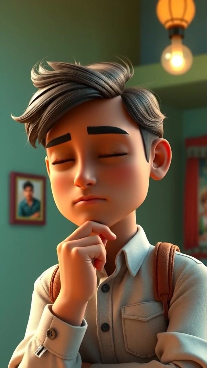 Arjun in a 3D animated style with a resigned expression, hand on his chin in deep contemplation. The scene features soft, natural lighting, smooth camera movement capturing his thoughtful demeanor, set against a serene, slightly blurred background. The audio features calm, ambient music in the background.