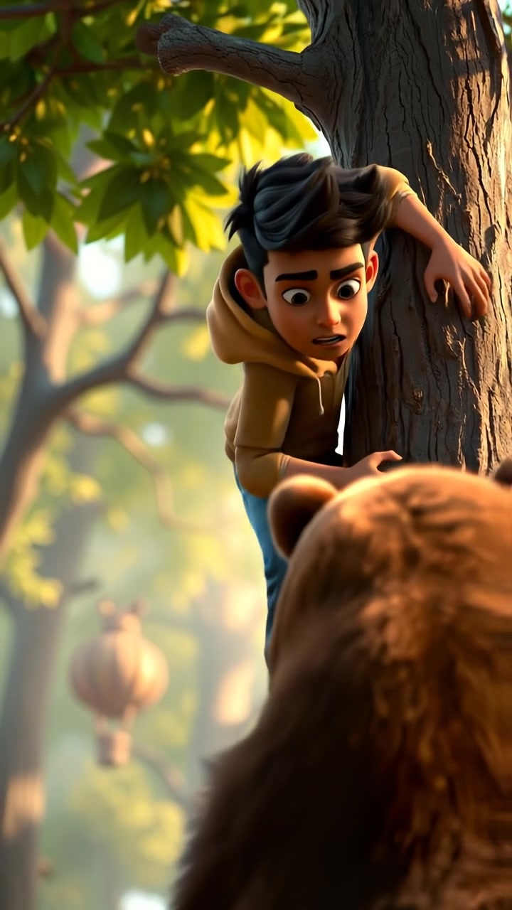 A 3D animated scene of Arjun quickly climbing a sturdy tree with natural lighting and vibrant colors, his expression tense as he looks down nervously at a looming bear below. Smooth camera movement follows his ascent, capturing the tense atmosphere. The background features a lush forest with ambient sounds of rustling leaves and distant wildlife.