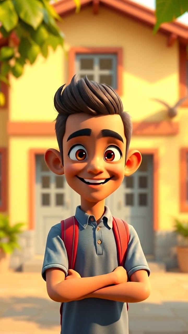 Arjun standing proudly in front of a bright 3D animated school building he helped establish, with natural lighting, high detail, and smooth camera movement capturing his confident stance against a vibrant educational campus backdrop. The background sounds feature cheerful ambient school noises.
