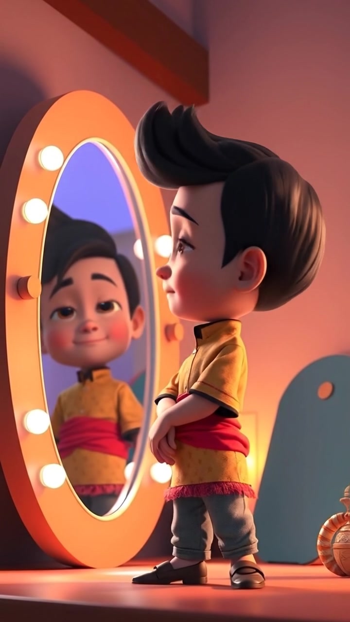 A 3D animated scene of Naitik standing in front of a mirror, gazing at his reflection with contemplative expression. The environment is softly lit with warm tones, smooth camera movements capturing his subtle gestures. The background features a modern, softly illuminated room. The audio features gentle ambient music.