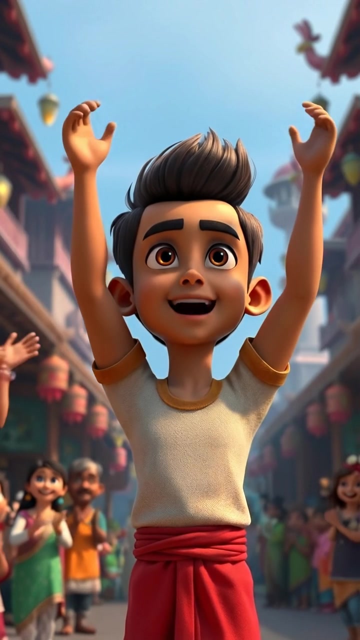 A 3D animated scene of Arjun standing proudly in the center of a lively village square, surrounded by villagers clapping and smiling. The setting is bathed in warm natural light, with smooth camera movement capturing the joyous atmosphere. The background features quaint houses and greenery. The audio features cheerful village sounds.