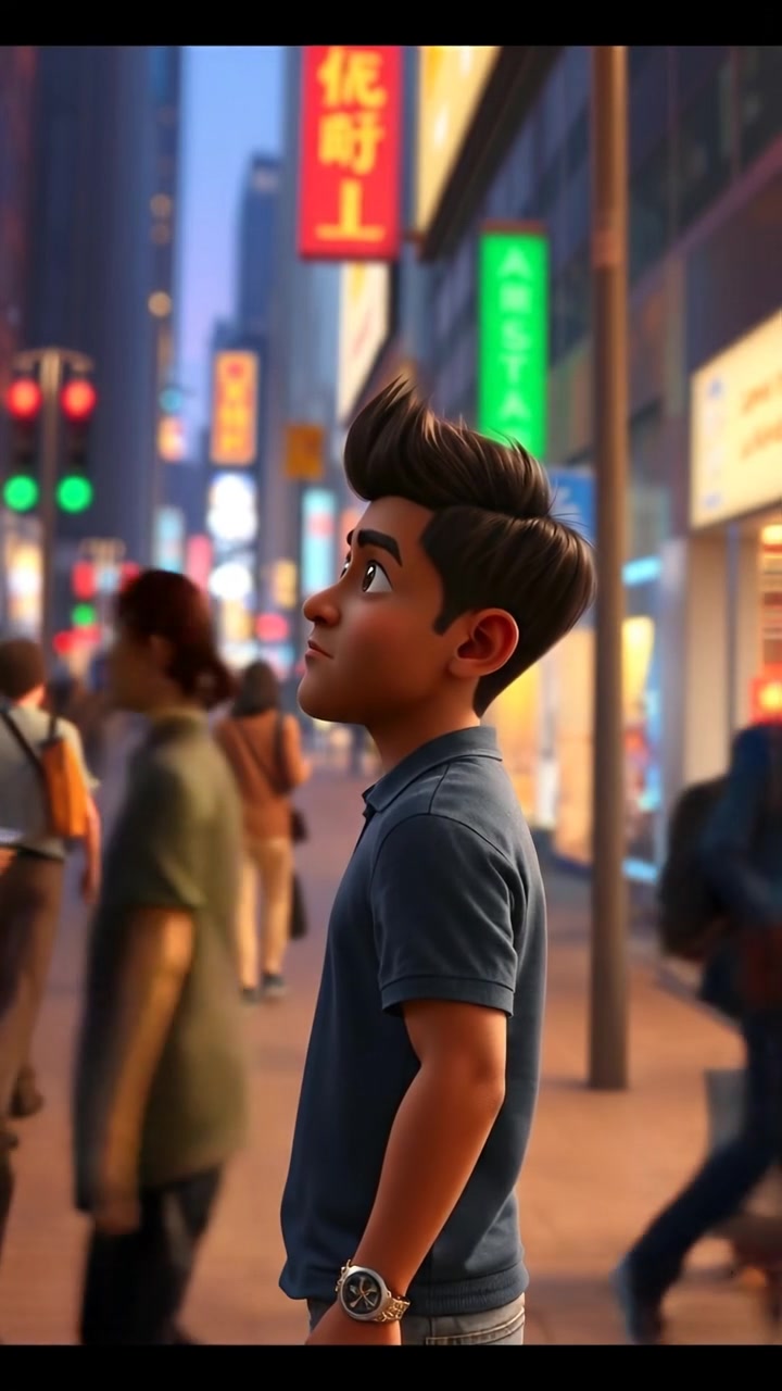 A 3D animation of Arjun standing on a busy sidewalk, gazing pensively at the cityscape with people rushing past him, captured with smooth camera motion and natural lighting. The scene exudes a reflective mood with warm tones and soft shadows. The background features the city skyline. The audio features ambient city sounds and distant traffic noise.