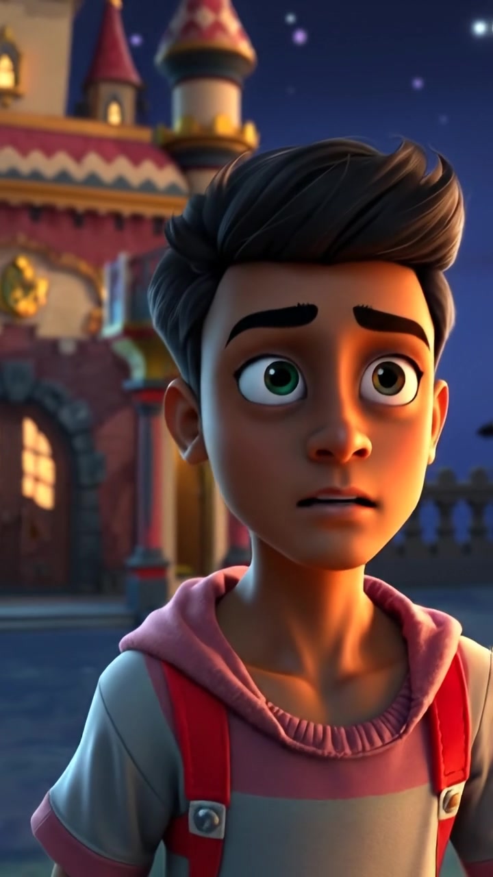 A 3D animated scene featuring Arjun looking around anxiously under moonlight, with soft shadows and a subtle glow accentuating his tense expression. The camera employs a slow dolly shot emphasizing his cautious movements, set against a dark, mysterious landscape. The background audio features gentle crickets and ambient night sounds.
