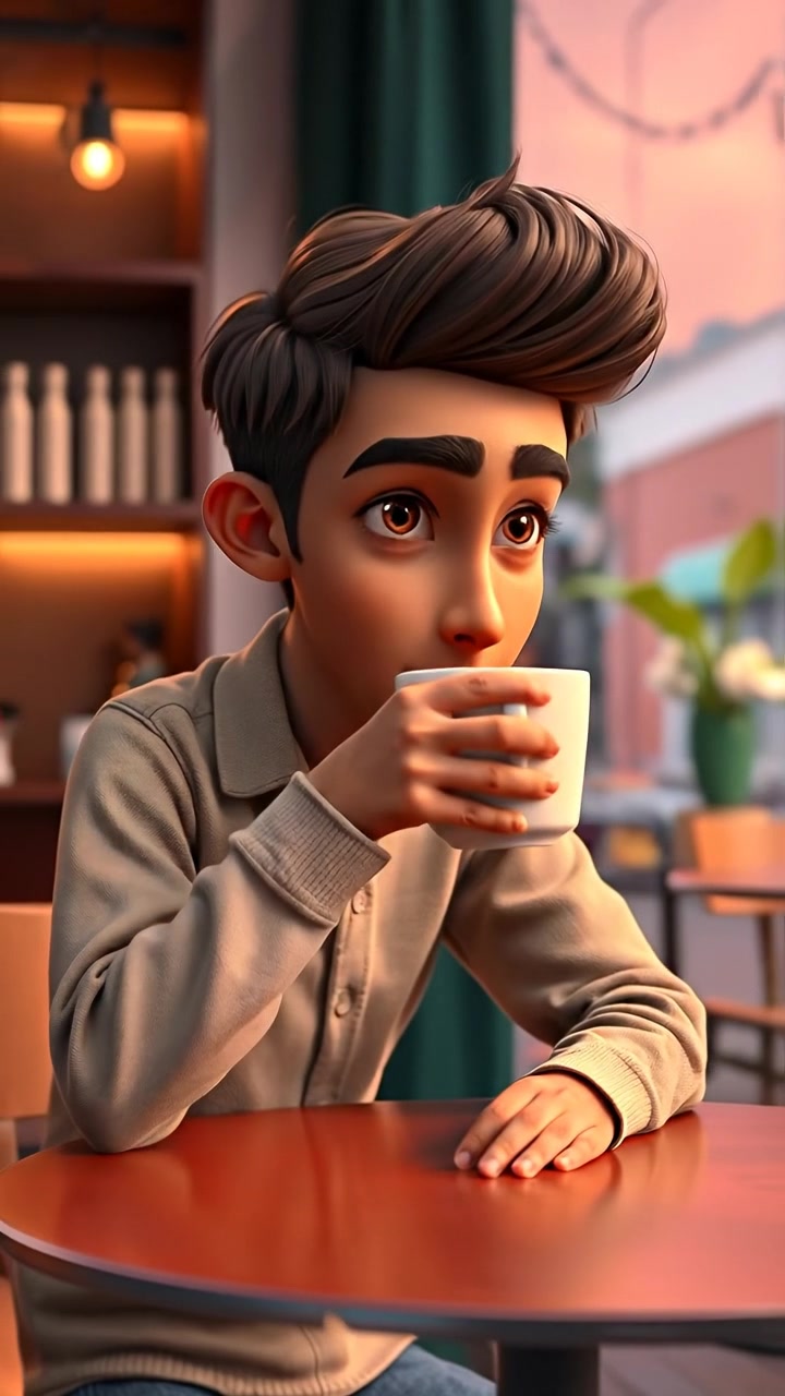 Arjun sitting at a cozy café table with a steaming cup of coffee, gazing thoughtfully through large glass windows. The scene features soft, warm lighting and smooth camera movement, capturing a peaceful, introspective moment. The background sound features gentle café ambiance and distant city noises.