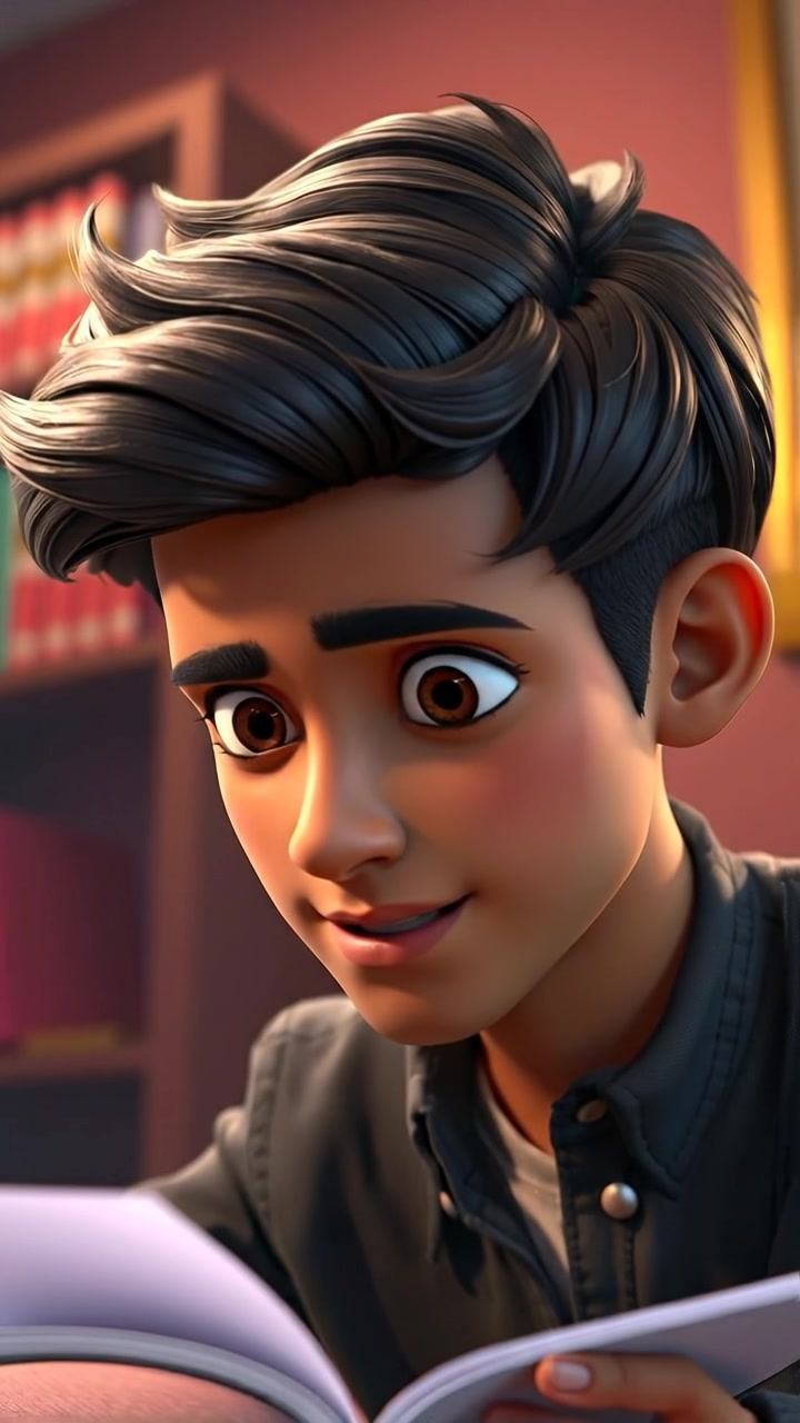 A close-up of Arjun's focused expression studying with fervor in a vibrant 3D animated style, illuminated by warm, natural lighting with smooth camera motion that highlights intense concentration. The background features a softly blurred study environment. The audio features subtle ambient sounds of a quiet study room.