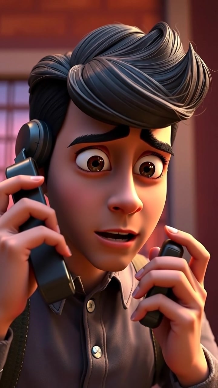 A 3D animated close-up of Arjun with a perplexed expression, still holding a phone to his ear, unaware he's dialing incorrectly. The scene features soft ambient lighting and smooth camera focus, capturing detailed facial features. The background audio features subtle ambient city sounds.
