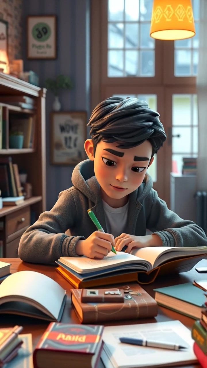 A young man in a 3D animation style sitting at a study desk cluttered with books and notes, deeply focused on writing. Natural lighting highlights the detailed environment with soft shadows, camera smoothly dolly-in for intimacy. The background features a cozy, organized study with warm tones. The audio features a gentle ambient melody.