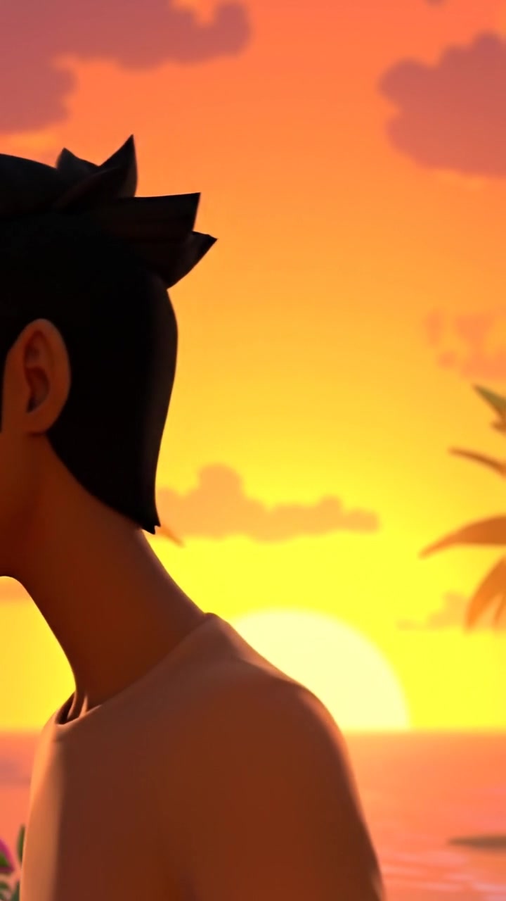 A 3D animated scene of a scenic sunset with warm, rich tones fading into soft shadows, featuring a silhouette of Arjun in the foreground symbolizing new beginnings. The camera slowly dolly zooms out to reveal the expansive sky and horizon, bathed in glowing amber light. The audio features gentle ambient music with distant sounds of evening nature.