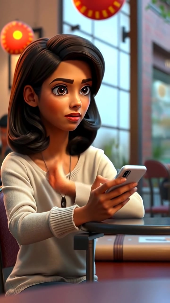A 3D animation of Priya sitting at a cozy café table, gazing thoughtfully at her phone with soft ambient lighting and natural shadows. The scene features smooth camera movement, cinematic warm tones, and a subtle background blur. The audio features gentle café sounds and distant chatter.