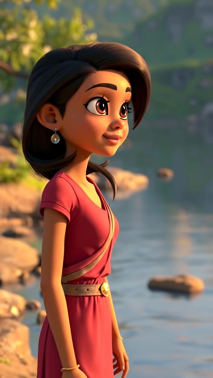 A 3D animation of Priya standing by a tranquil riverbank, gazing thoughtfully at the serene flowing water, captured with natural lighting and smooth camera movement. The scene exudes calm and peaceful ambiance with soft shadows and warm tones. The background audio features gentle river sounds.