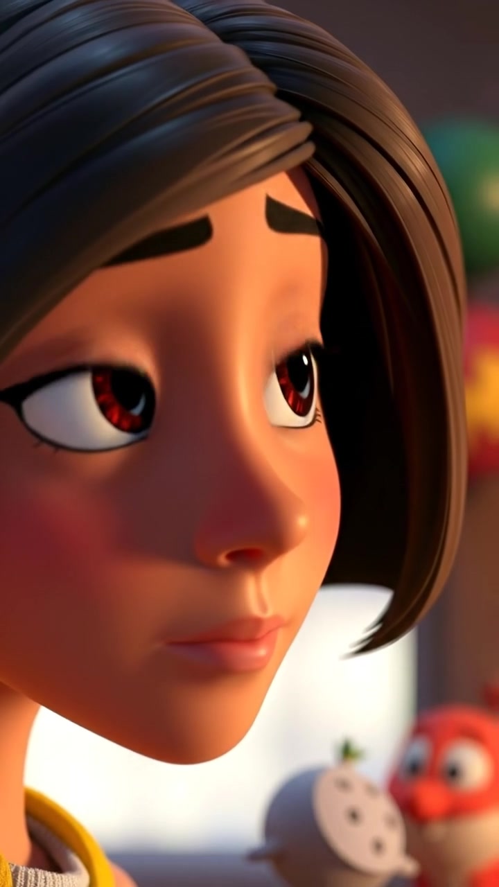 A close-up of Tara's face in 3D animation, capturing a thoughtful expression with detailed skin textures and gentle lighting that highlights her features. Smooth camera focus shifts to emphasize her emotions, set against a softly blurred background. The audio features subtle ambient sounds that enhance a reflective mood.