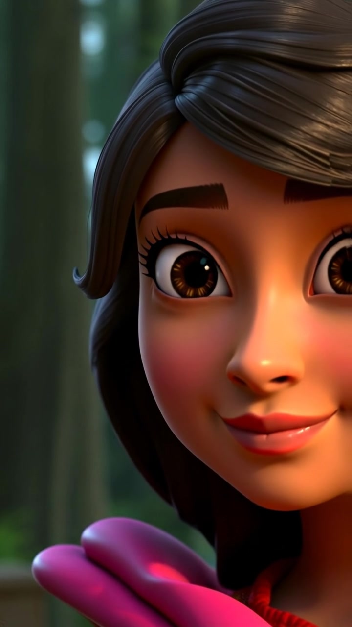 A close-up of Priya's face in a 3D animation style, displaying her focused expression with a softly blurred forest background, natural lighting highlighting her features, smooth camera focus, and subtle depth of field. The background features lush greenery, and the scene is serene. The audio features gentle forest sounds.