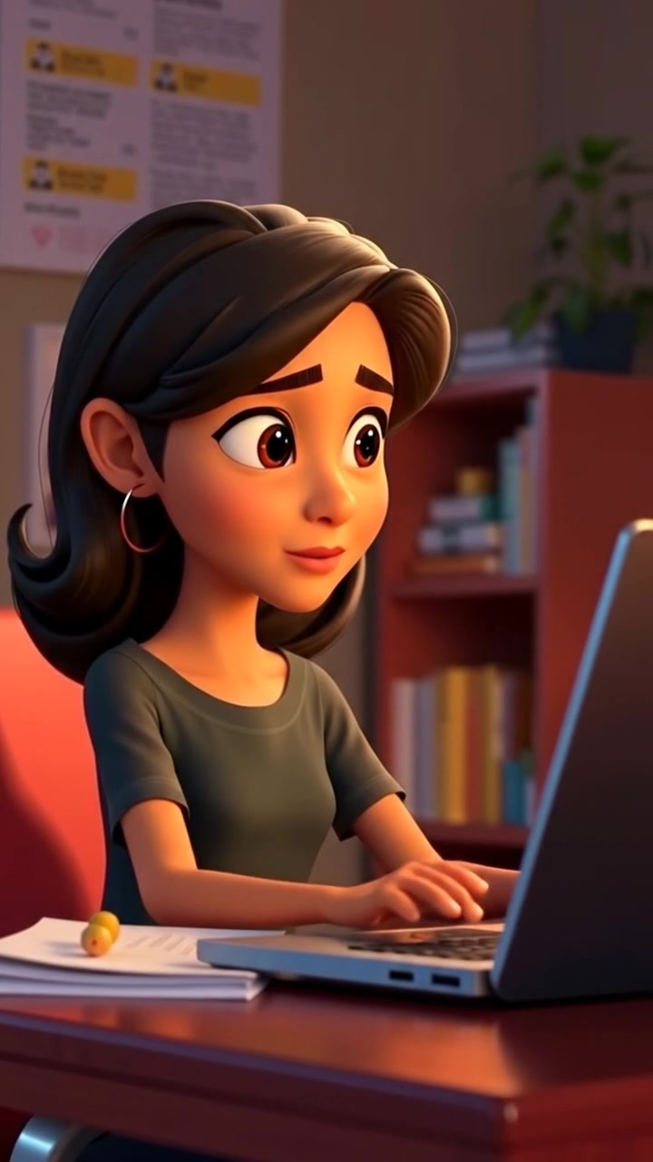 A 3D animated scene of Priya sitting at a desk, typing on her laptop with a thoughtful expression as she reads comments, captured in natural, soft lighting with high detail and smooth camera movement. The background features a cozy, modern workspace. The audio features gentle keyboard sounds.