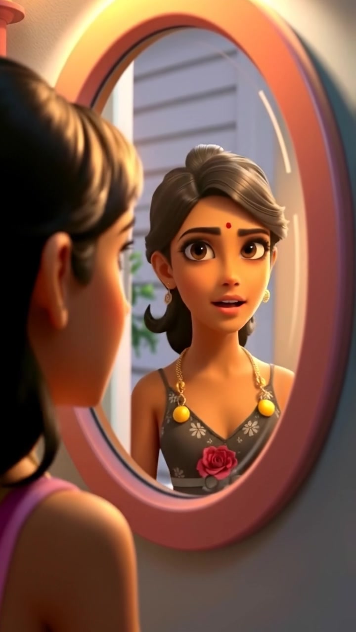 A 3D animation of Priya gazing into a mirror with natural lighting and high detail, her reflection shimmering strangely, captured with smooth camera motion and a subtle warm tone ambiance. The background features soft shadows and a calm indoor setting. The audio features a gentle ambient hum in the background.