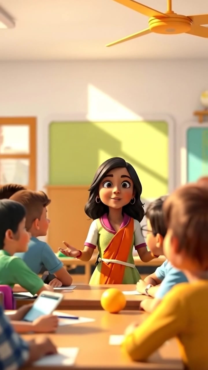 A vibrant 3D animated classroom featuring Priya actively sharing a lesson, surrounded by engaged students. Natural lighting highlights cheerful expressions, smooth camera movement captures the lively atmosphere, with warm tones and soft shadows. The background audio features the gentle hum of classroom activity.