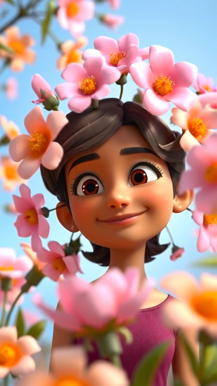 Close-up of Priya in a lush, vibrant garden, her gentle smile illuminating her face as colorful flowers bloom dynamically around her; captured in rich 3D animation with soft, natural lighting, high detail, smooth camera focus, and slow zooming effect. The background features serene bird song sounds.