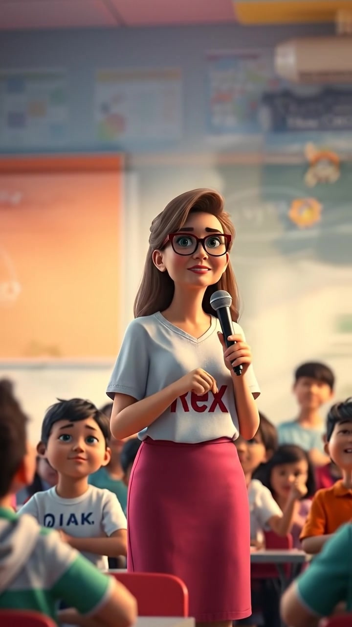 A woman in her 50s speaking into a microphone, standing confidently in front of a lively classroom filled with eager students, rendered in vibrant 3D animation style with natural lighting, high detail, smooth camera movement, and warm tones. The background features a chalkboard and educational posters. The audio features soft classroom ambiance.