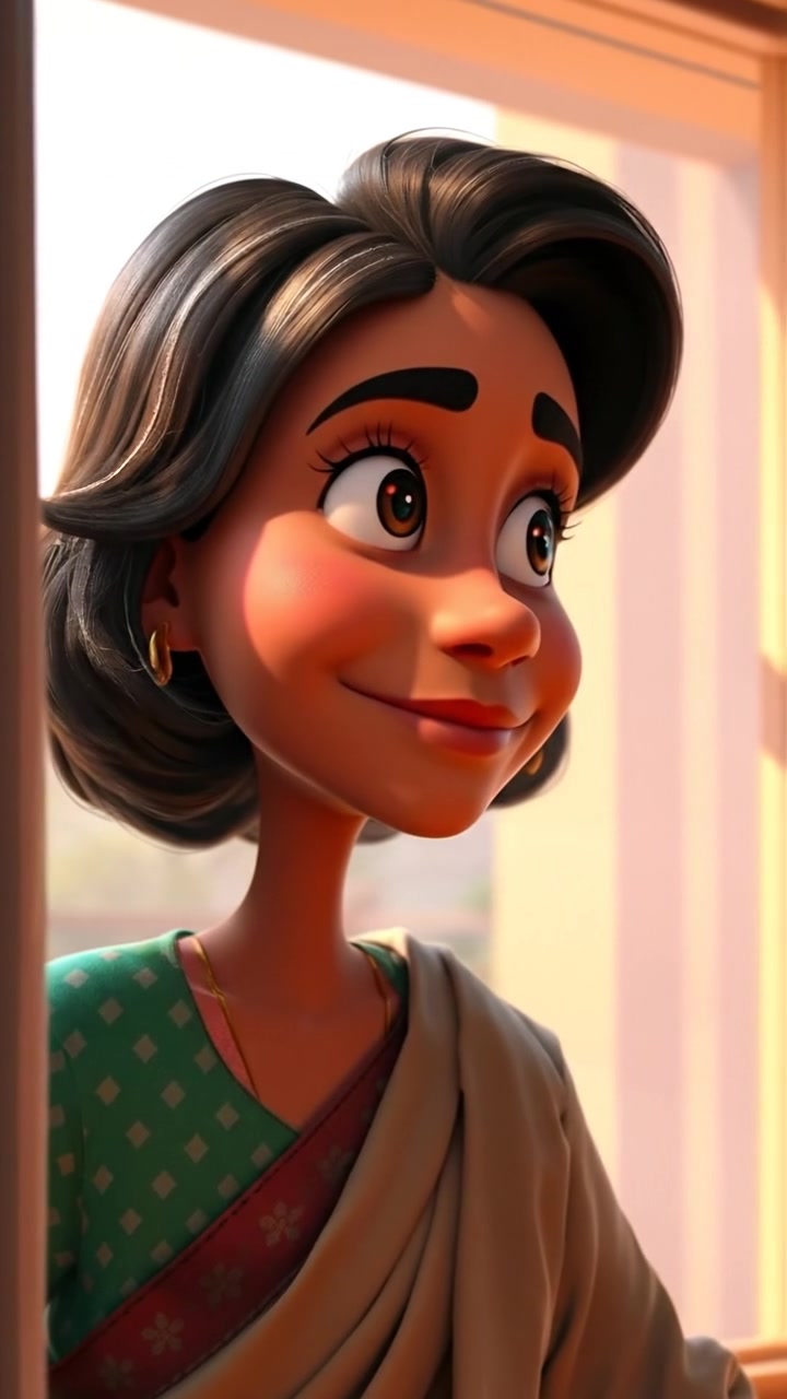 Asha gazes out of a window in a warm, softly lit room, sunlight casting gentle highlights on her face that convey hope. The scene features high detail, smooth camera movement, and natural lighting in a 3D animation style. The background audio features tranquil sounds of morning birds.