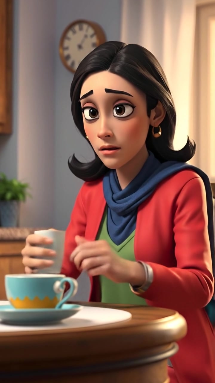 Asha in a photorealistic 3D animated style, sitting at a cozy kitchen table, holding a cup of tea with a concerned expression. Natural warm lighting highlights soft shadows, camera slowly zooms in for an intimate feel. The background features a warmly lit kitchen with ambient sounds of a quiet morning.