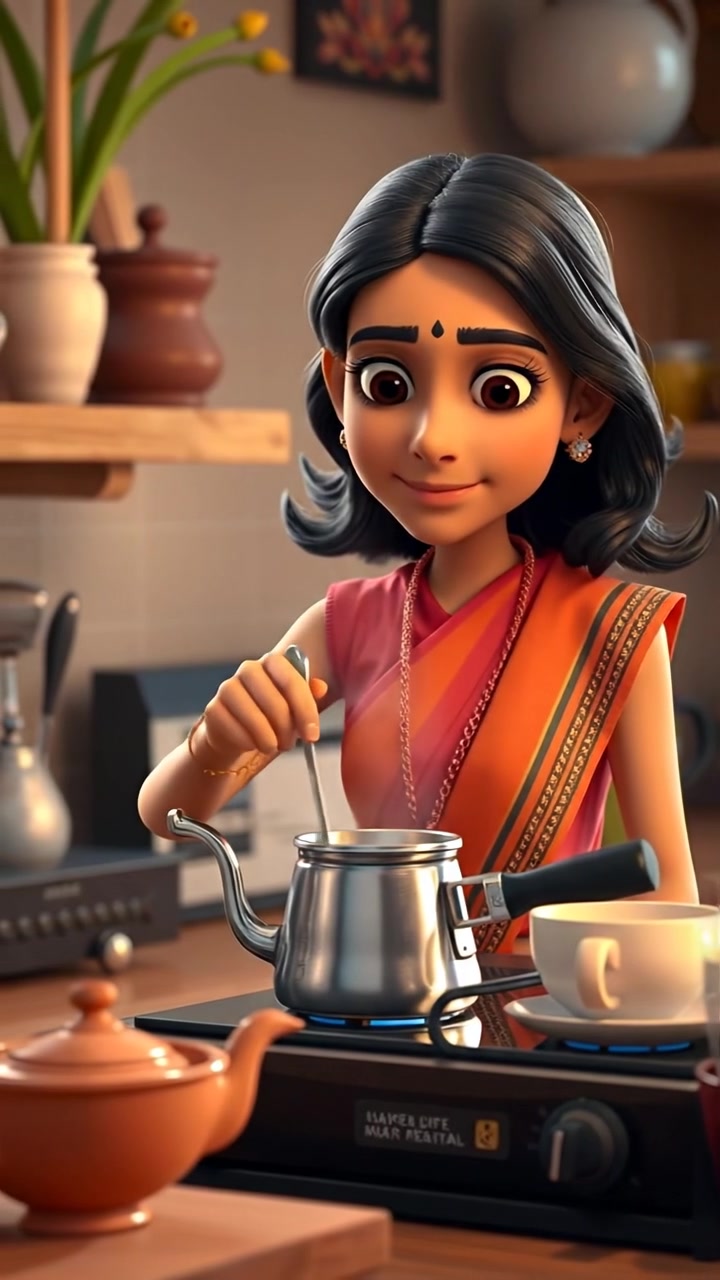 Asha in a warm, cozy 3D animated kitchen, gently stirring a pot of tea on the stove amid aromatic spices and delicate cups on the counter, illuminated by soft natural lighting that highlights textures and details. The scene features smooth camera movement and a inviting atmosphere. The audio features gentle kitchen ambient sounds.